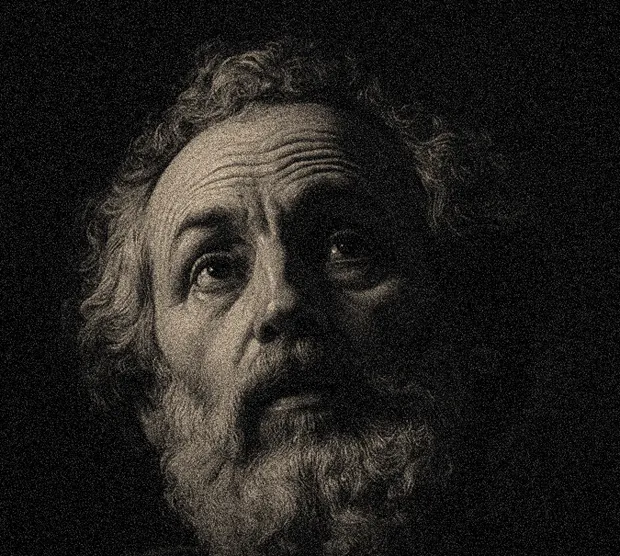 Retrato de Pedro, com barba e cabelos grisalhos, olhando para o alto